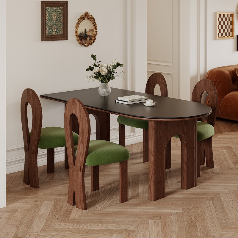 Middle French Matte Black Rock Plate Solid Wood Small Apartment Walnut Color Ash Semi-round Wall Island Table and Chair