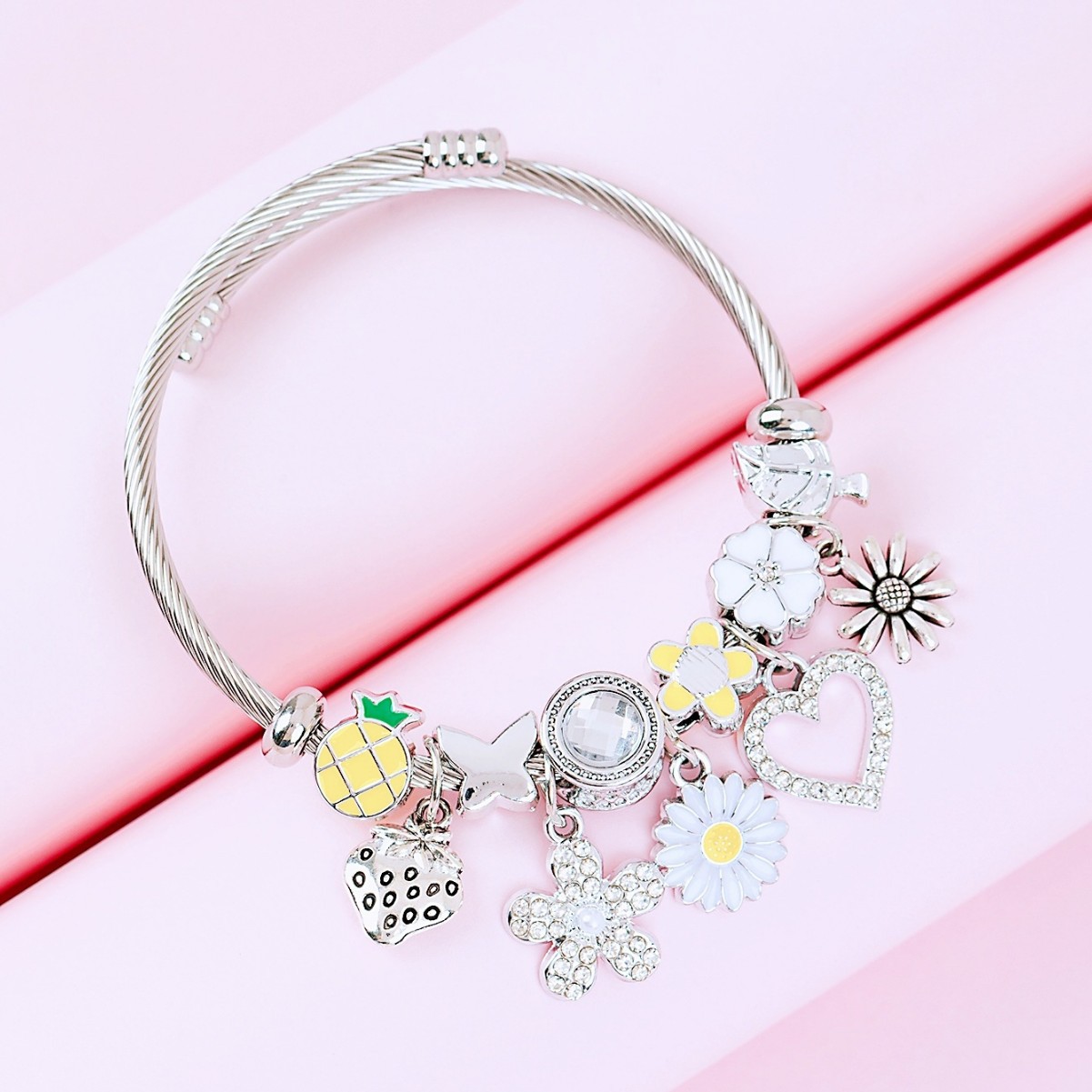 Pulsera Panjia-Pulsera de explosión transfronteriza de bricolaje que gotea aceite diamantes de imitación girasol fresa piña margarita joyería de mariposa