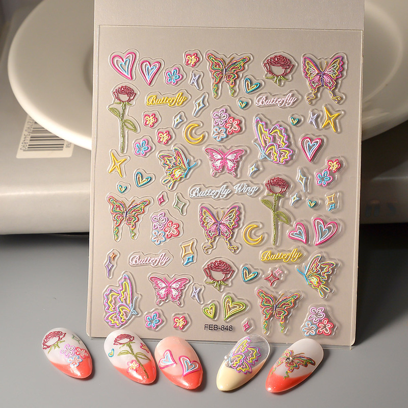 Little Red Book New Hollow Butterfly Nail Art Sticker Embossed 5d Three-dimensional Oil Painting Color Line Rose Hen Sticker