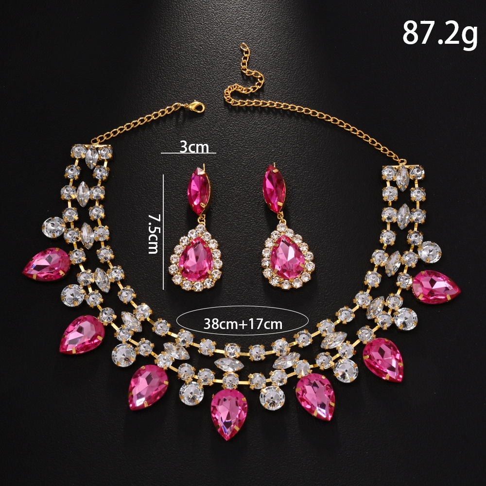 Juego de joyas de gotas de agua de AliExpress, cadena de clavícula de diamantes de imitación exagerada, pendientes simples, accesorios de diamantes completos, Jewelry Set