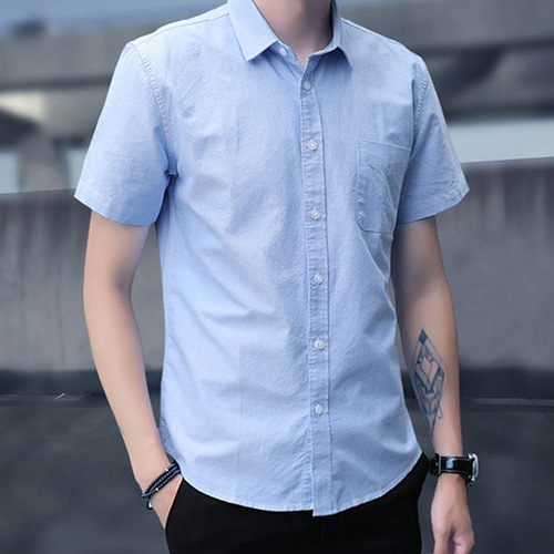 Men's Summer New Han Style Casual Short Sleeve Oxford Fabric White Shirt with 5-Button Cuff, Trendy