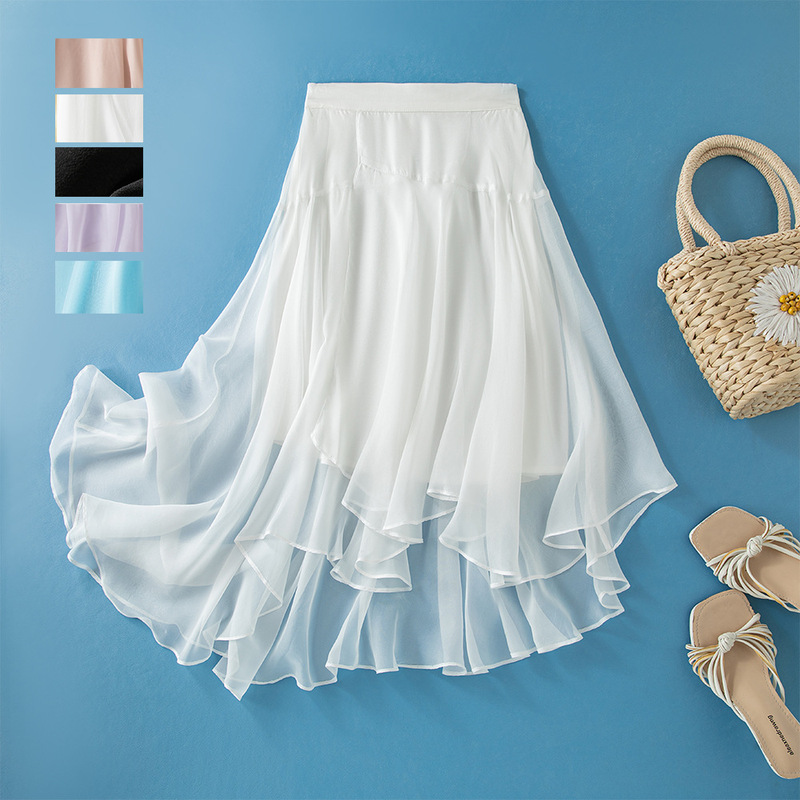 Patchwork Waist Silk Skirt, Elegant Seaside Vacation Mulberry Silk Irregular French-Style Long Skirt, Summer Style 26054