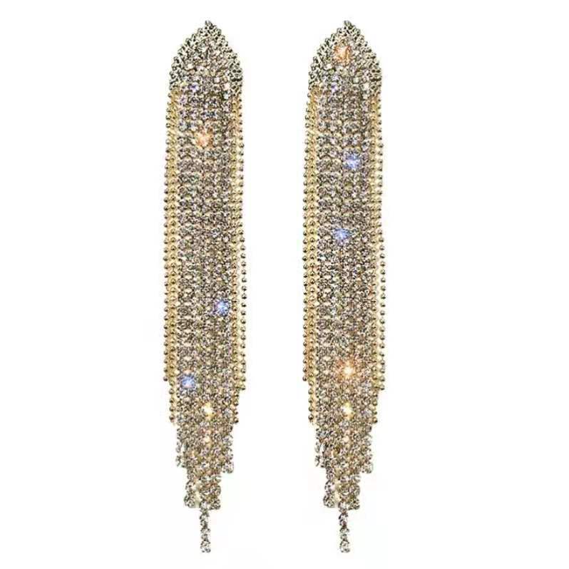 European and American Fashion Long Temperamental Tassels Rhinestone Earrings Female 925 Silver Needle Exaggerated Personalized Net Red Tide Manifold Earrings