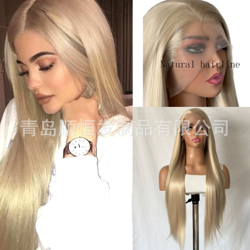 European and American wig women's long hair front lace 13*4 golden long straight hair synthetic fiber matte high temperature silk full head cover