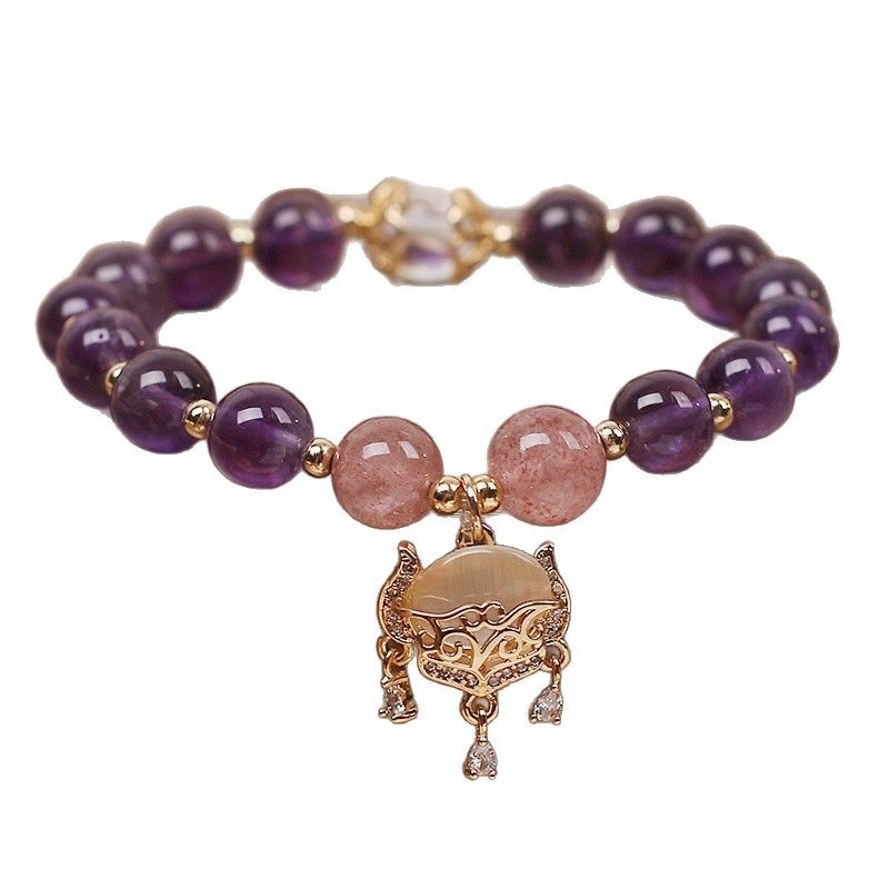 Pulsera de amatista natural al por mayor nicho de mujer lujoso delicado joyería de cuatro hojas colgante pulseras de cristal púrpura