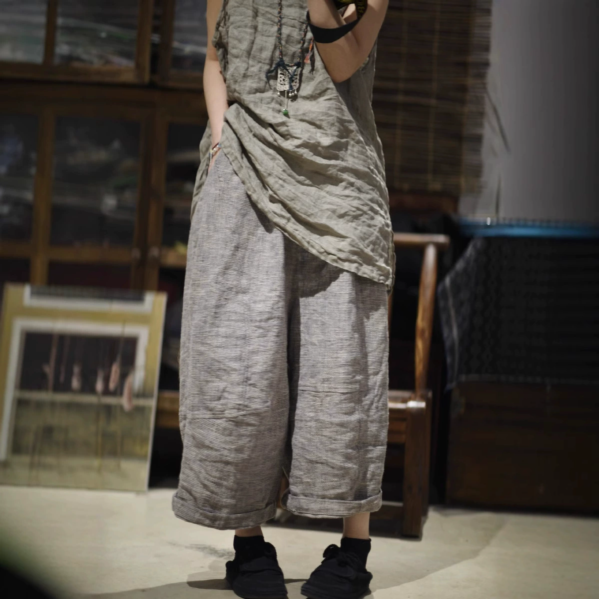 25/3 SN137 повседневные ретро-трикотажные льняные трехмерные штаны эластичный повседневный низкий промежность