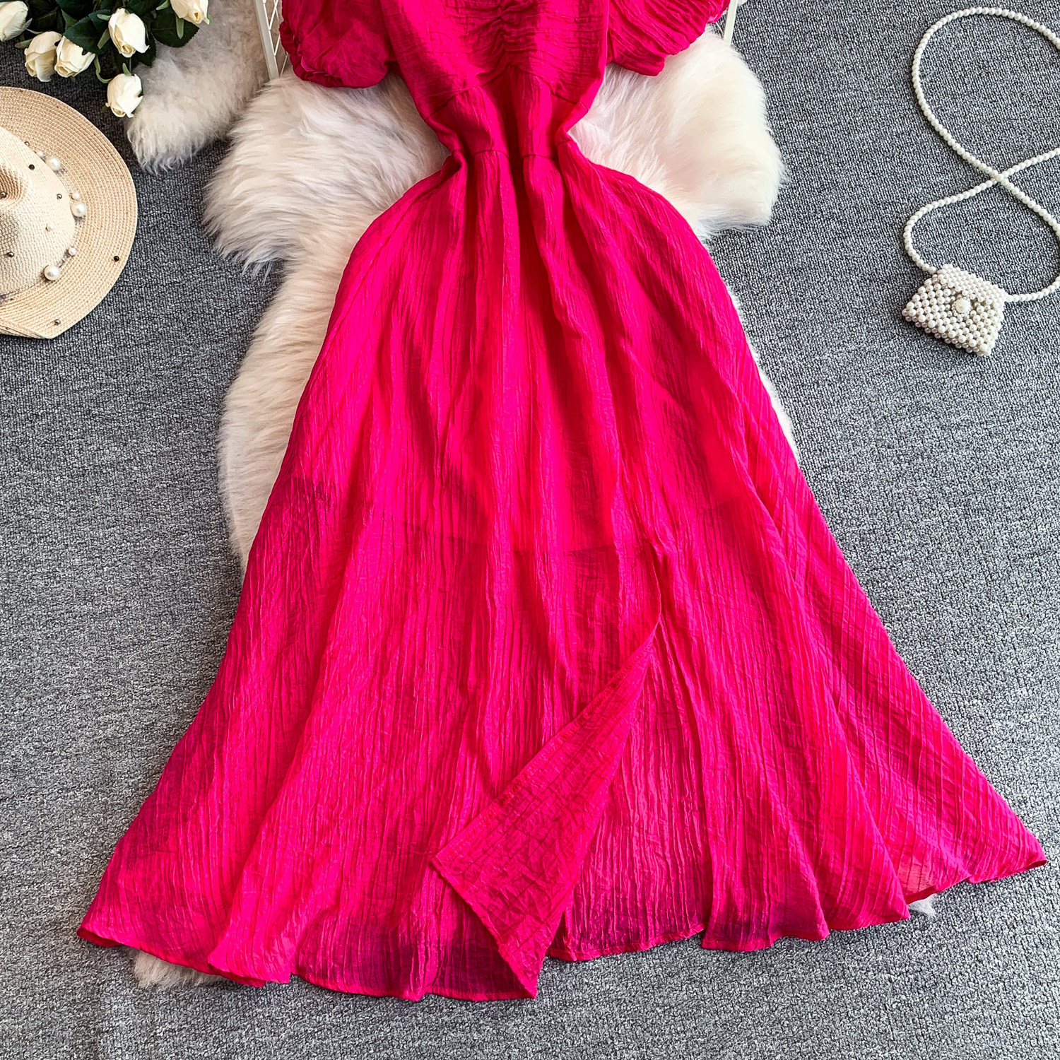 Women's French Style Elegant Square Neck Puff Sleeve Dress Casual Slit Long Skirt Pleated Waist Slimming Summer Style_ecoleips.com