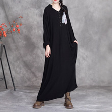 秋季新款外贸跨境休闲宽松V领纯色长袖女装大码连衣裙长裙宽松
