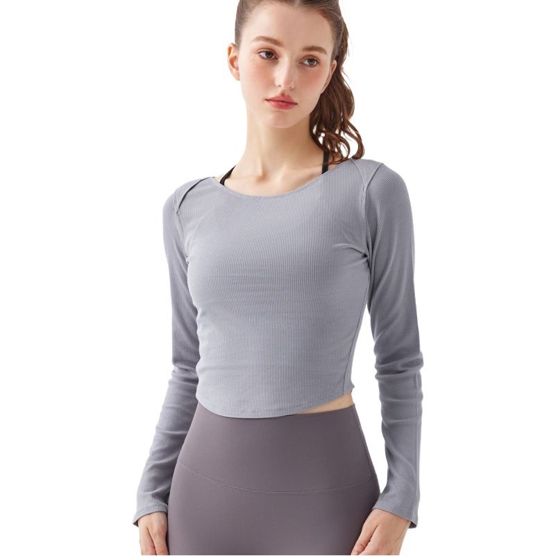 Belleza costilla trasera ropa de yoga de manga larga otoño de las mujeres de alta elástica delgada adelgazante ropa de fitness correr pilates deportes camiseta