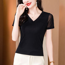 黑色网纱短袖t恤女夏季2025夏季新款蕾丝打底衫半袖体恤小衫上衣