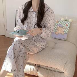 米白底浅粉细竖条纹蓝樱桃印花娃娃领长袖长裤睡衣套装女春秋批发