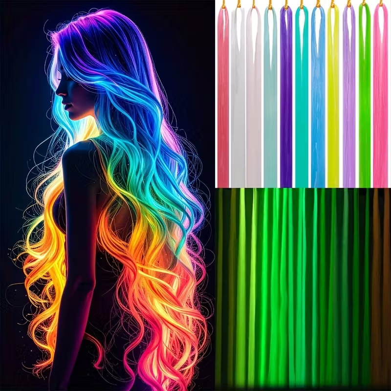 Glowing Hair Tips with a Length of 48inch Colors, Synthetic Straight Hair Style That Glows in the Dark, Luminous Wig