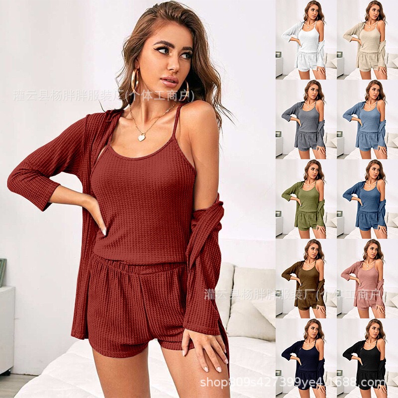 2026 Waffle Fabric Three-Piece Home Wear Set for Women: Camisole, Shorts, Robe, Bathrobe, Casual Pajama Set 2026 Waffle Fabric Three-Piece Home Wear Set for Women: Camisole, Shorts, Robe, Bathrobe, Casual Pajama Set