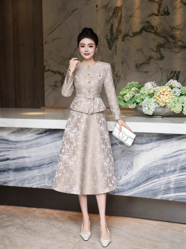 欧美风女装2025年秋季套装优雅圆领长袖外套配高腰显瘦A字半身裙|undefined