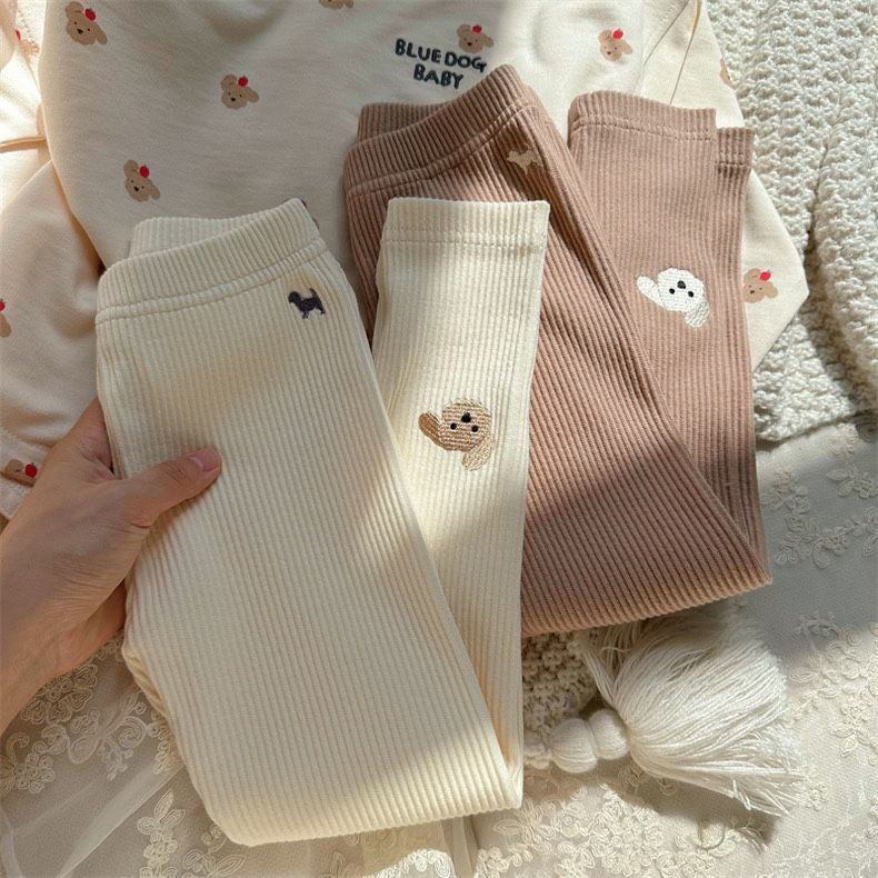 韓系女童坑條修身打底褲小狗刺繡彈力寶寶百搭23冬季舒適0188A019