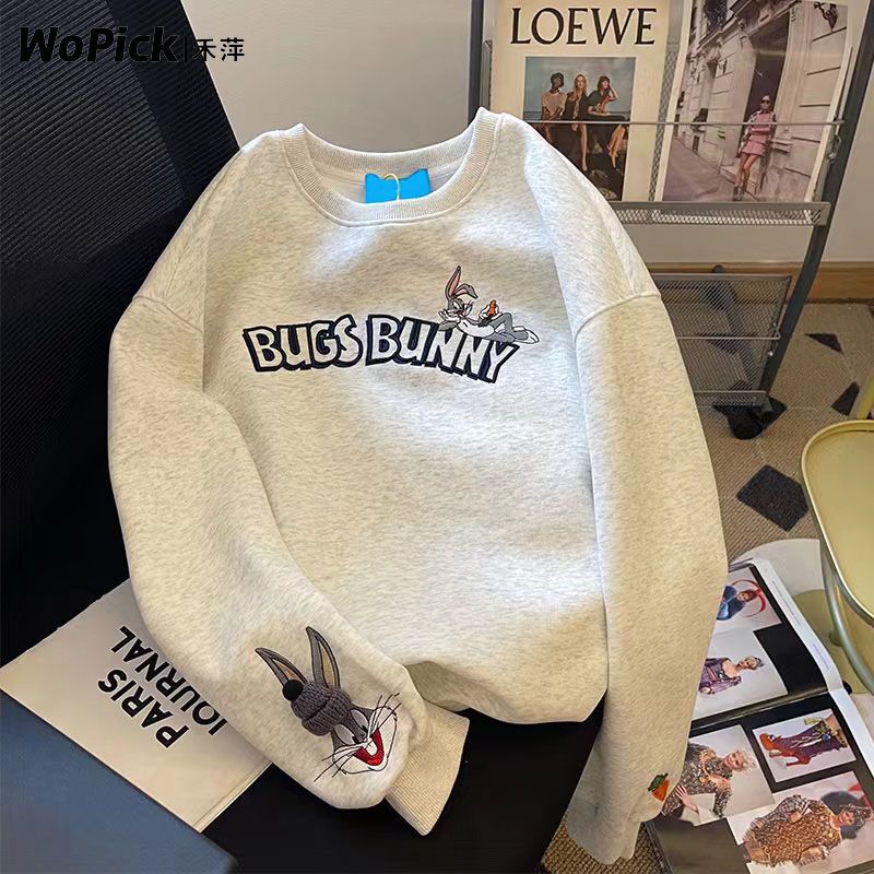 Fleece-Lined Thick Sweatshirt for Women, Autumn and Winter, Rabbit Print, Hoodless, Loose Fit, Slimming, Petite, Age-Reducing Jacket, Trendy Top