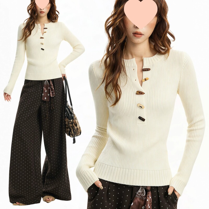 American-style, long-sleeved, slim-fit knit top for women, perfect for layering in autumn and winter, short-length design, 2026