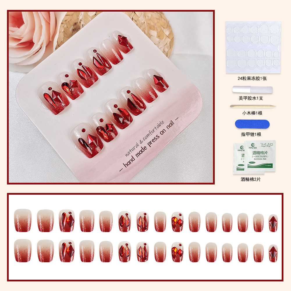 Uñas postizas 3D rojas populares, deslumbrantes puntas de uñas estilo rojo vino puro, 24 piezas de uñas postizas terminadas, venta directa. image 7