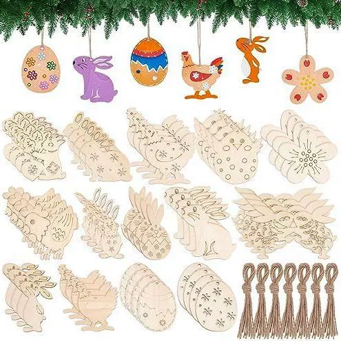 Новый Пасхальный кролик яйцо деревянный кусок цветок птица дерево пустой DIY деревянные поделки декоративный кулон