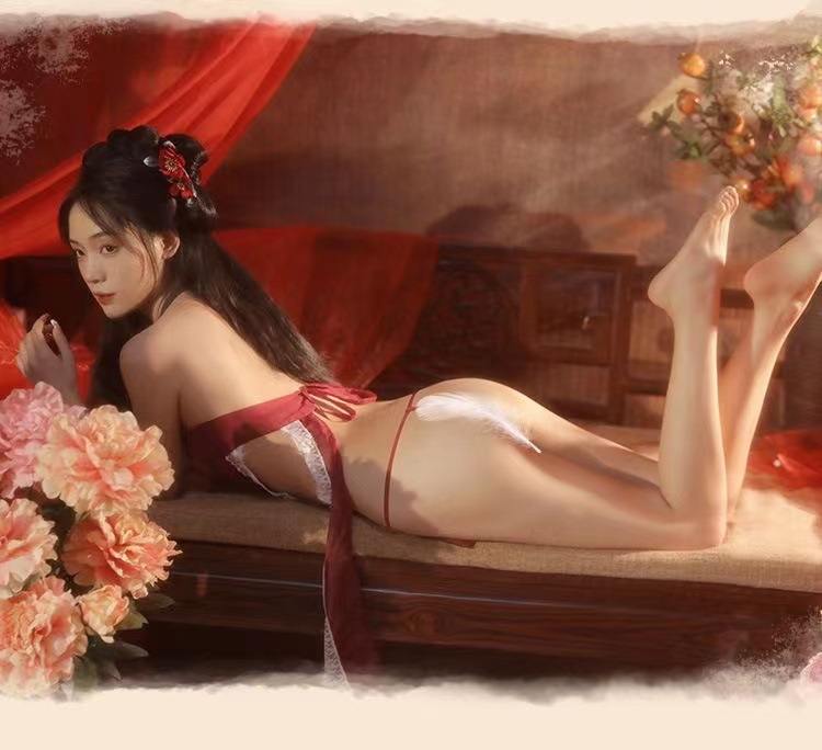 Apsara Consez Red Lace Slip Pajama Dress, Sexy Chinese-Style Babydoll, One Size — detail image 14