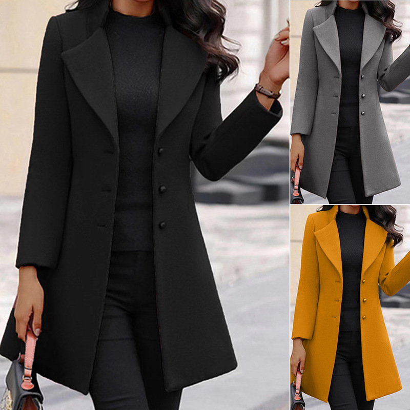 2025 New Autumn and Winter Women's Pure Color Woolen Outwear Amazon European and American Cross-Border Women's Mid-Length Woolen Outwear