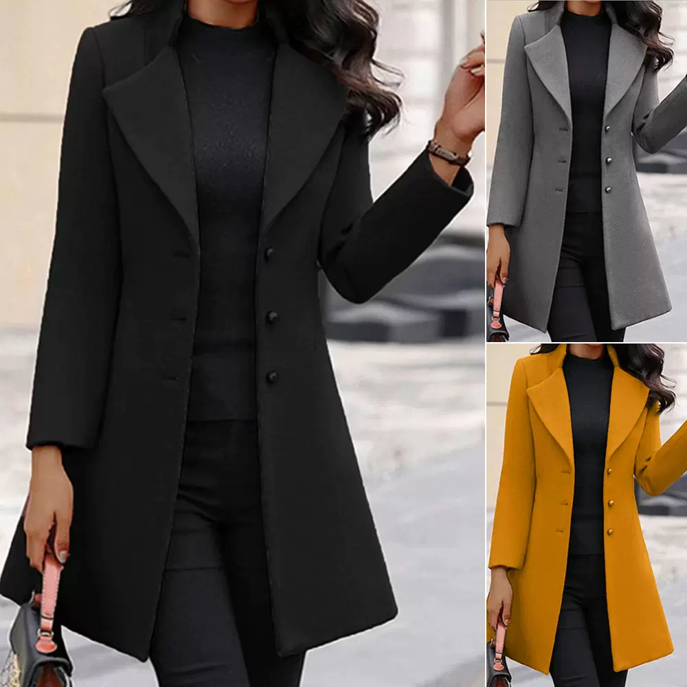 2025秋冬新款女式纯色呢子外套亚马逊欧美跨境女装中长款毛呢大衣