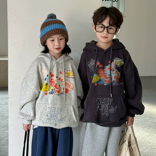 末小蒙童卫衣2026冬款男女童韩版字母连帽上衣儿童宽松加绒卫衣