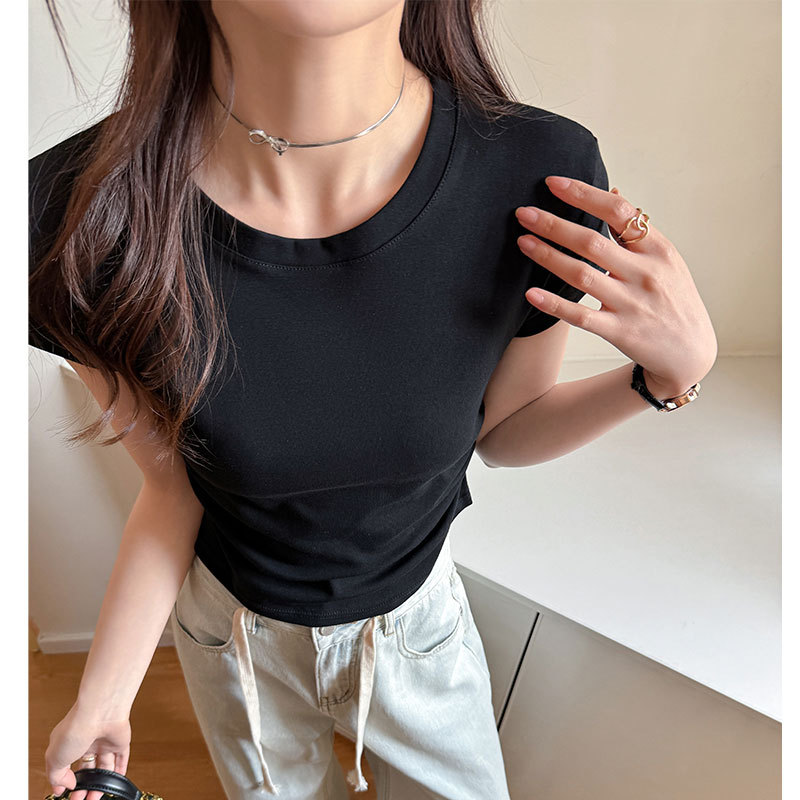 스파이스 걸스의 엄격한 선택 주름 어깨 크루 넥 반팔 티셔츠 여성 최고 여름 슬림 핏 슬리밍 솔리드 컬러 디자인 센스베이스 셔츠