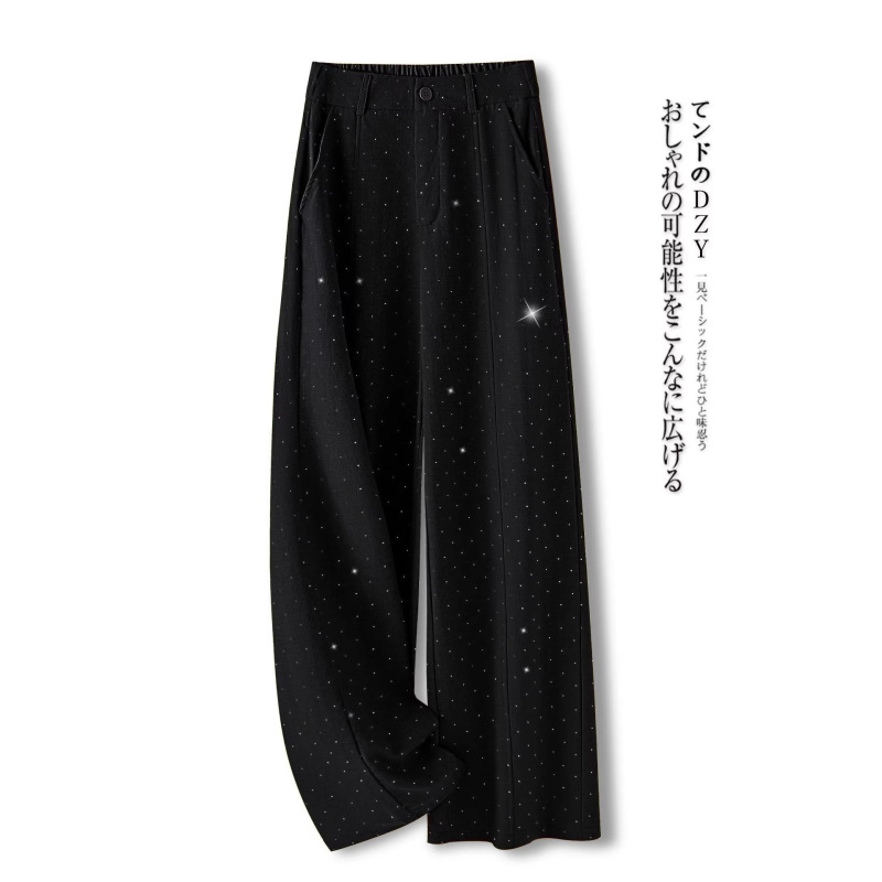 High-End Black Star-Patterned Linen Wide-Leg Pants for Women, 2026 New Style, Loose-Fitting Tencel Cotton-Linen Drapey Rhinestone Straight-Leg Pants