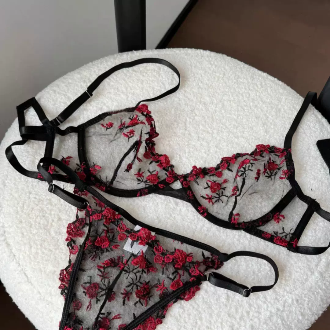 法式碎花刺绣内衣女大胸显小性感透明有钢圈上托防下垂情趣文胸罩