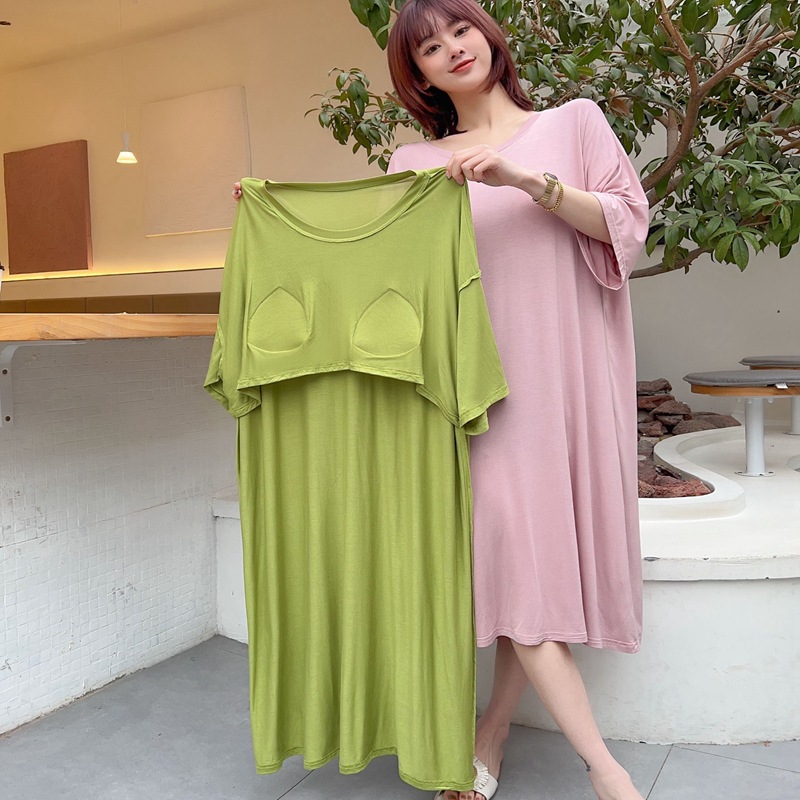 女性用ラウンドネックナイトガウン、モーダル胸パッド、半袖パジャマ、ロングスカート、スリムフィットホームウェア、ナイトガウン、卸売マタニティスカート