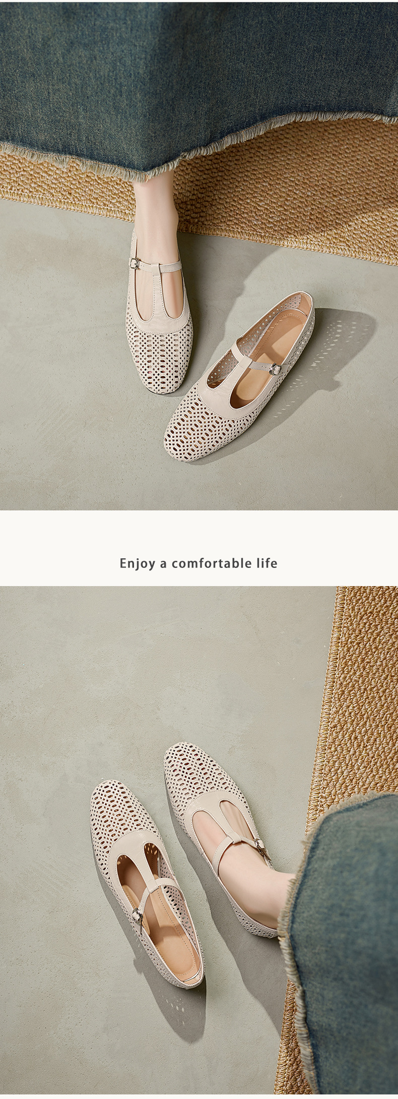 Sandal nữ da cừu đế bệt quai chữ T mũi kín hở lỗ thoáng khí — Màu caramel chi tiết 9