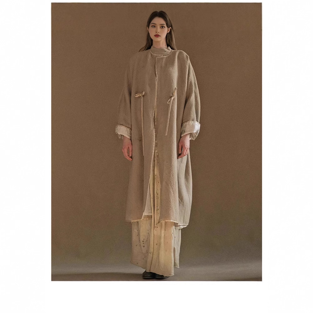 디자이너 브랜드 가을 겨울 여성용 카키색 울 레이스업 칼라리스 모직 코트