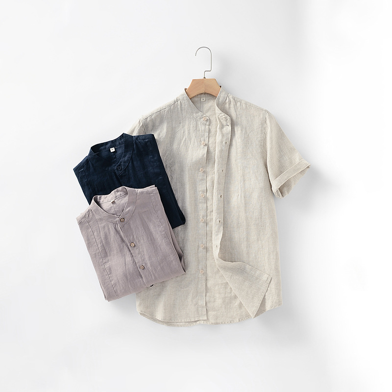 2024 Summer Linen Men's Stand Collar Casual Linen Shirt Loose Linen Short Sleeve Top D022