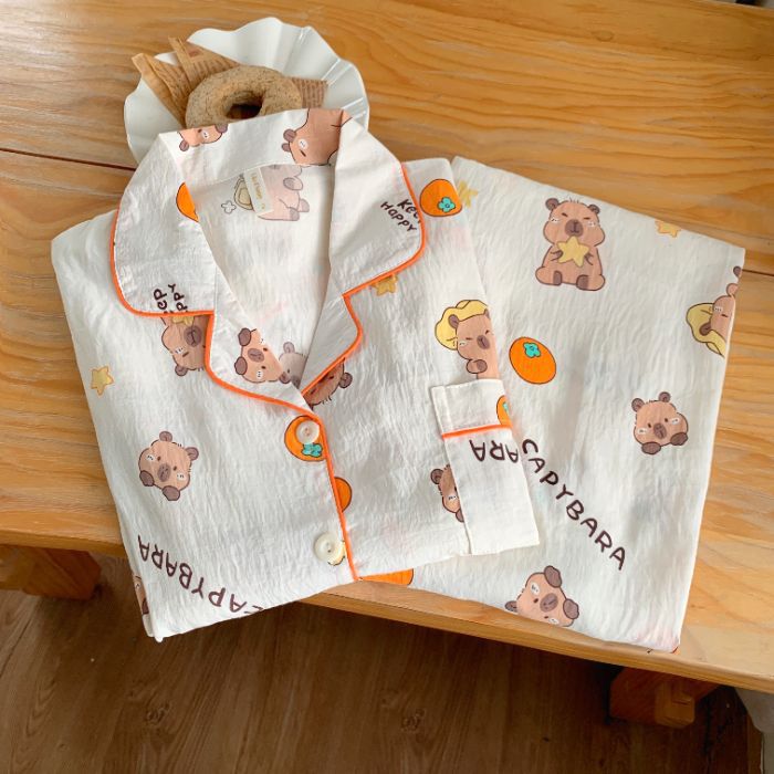 Nuevo conjunto de pijamas de algodón nublado transfronterizo de manga larga delgada primavera y otoño de mujeres lindos pantalones de dibujos animados dulces ropa para el hogar