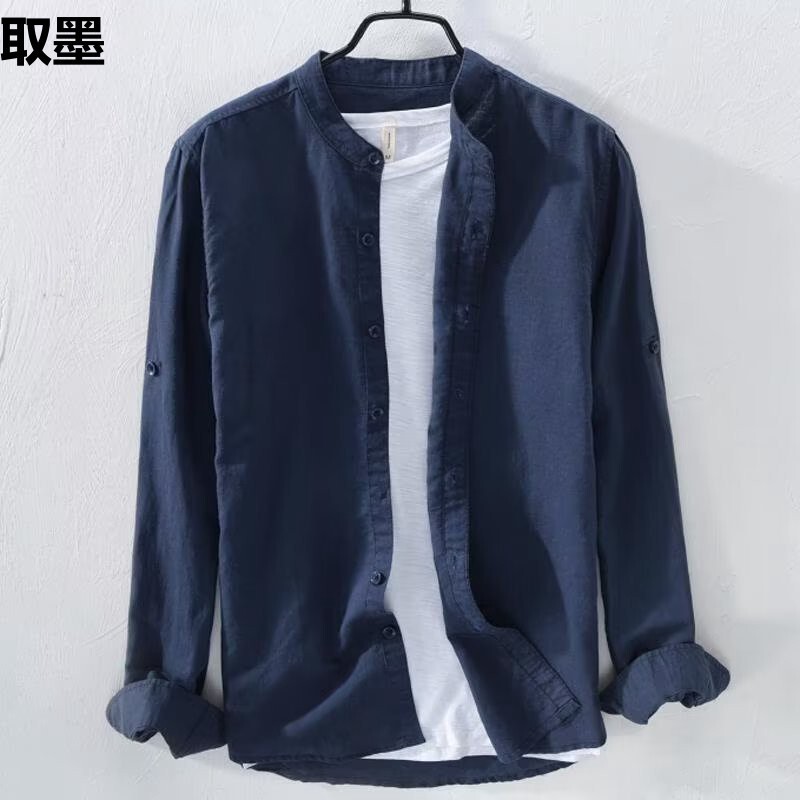Spring and Summer Thin Japanese Collar Linen Shirt Men's Loose Breathable Casual Long Sleeve Cotton Linen Shirt Jacket Trendy