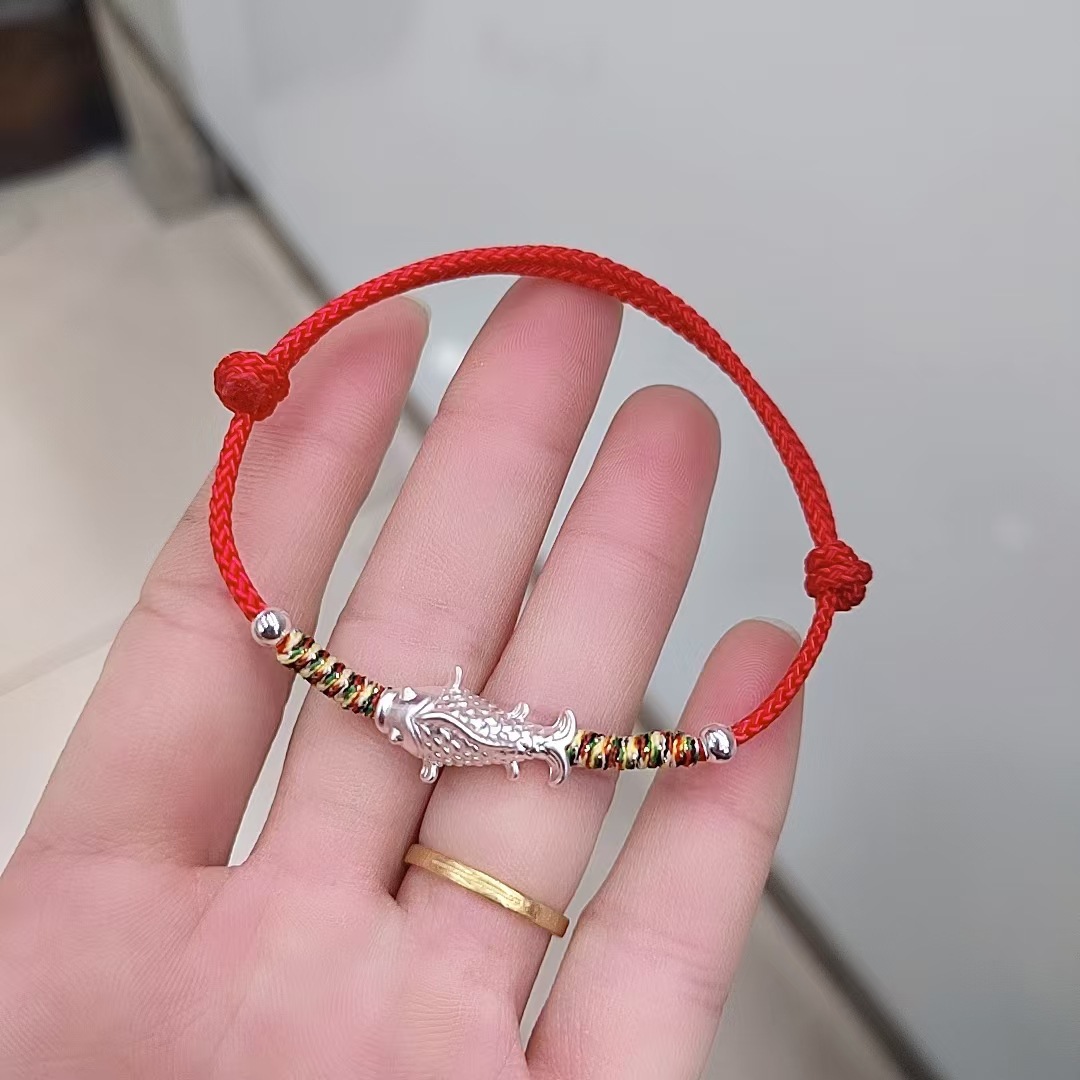 Pure Silver 999 Koi Fish Good Luck Silver Bracelet for Men and Women, Zodiac Year Red String Bracelet, Niche Benefit Edition