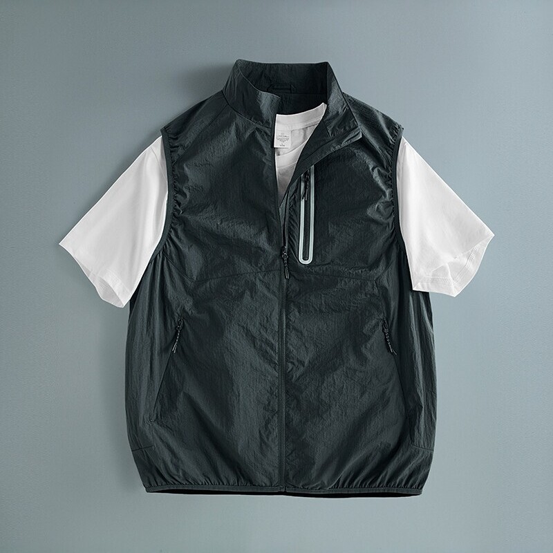 Cycling Stand-Up Collar Sleeveless Vest for Men, Outdoor Quick-Dry Breathable Fishing Work Vest with Multiple Pockets, Sports Casual Jacket