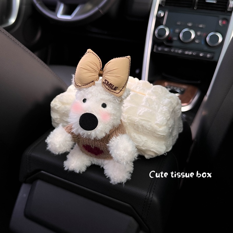Caja de reposabrazos Caja de pañuelos Caja de dibujo para coche 2024 Nueva muñeca West Highland Decoración de coche Bolsa de pañuelos Mujer linda
