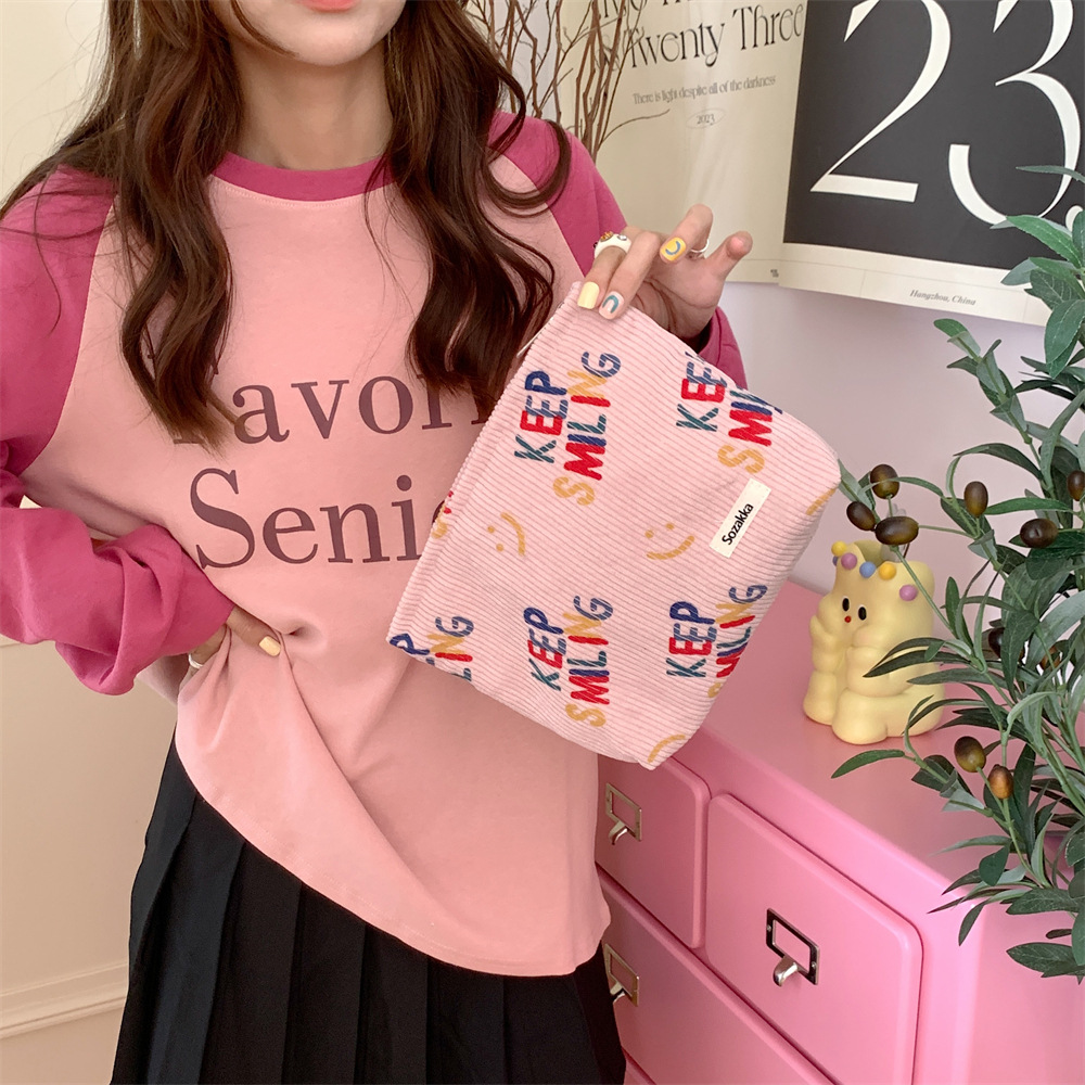 38181 New 2023 Corduroy cosmetic Bag, Letter smiley face storage, washroom clutch, Mobile phone wallet, Pen case undefined