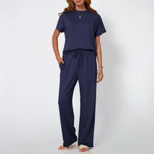 欧美跨境秋季新款时尚休闲气质高领宽松长袖高腰阔腿裤套装