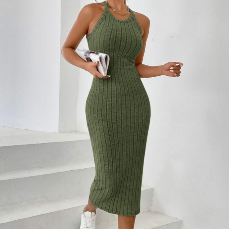 Cross-Border Women's Round Neck Solid Color Vest Sleeveless Halterneck Dress Knitted Pit Strip Macaron Color European and American Amazon Cross-Border Women's Round Neck Solid Color Vest Sleeveless Halterneck Dress Knitted Pit Strip Macaron Color European and American Amazon