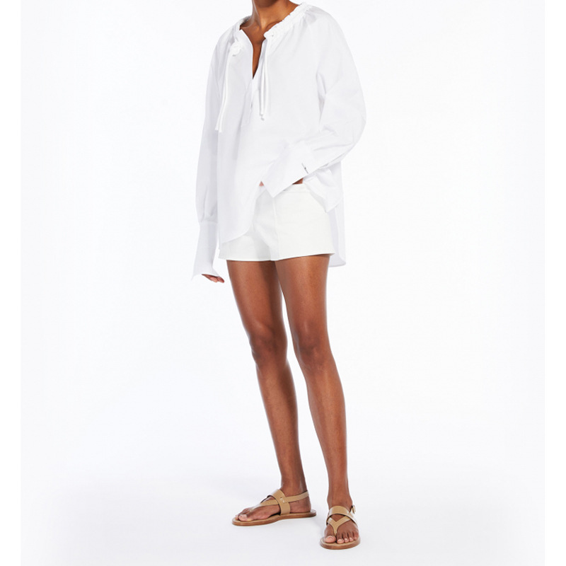 MAX silhouette cotton poplin shirt 2024 spring new neckline thread drawstring loose casual high-end feeling