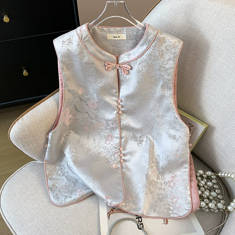 2025 новый китайский стиль улучшенный национальный прилив, пряжка с небольшим круглым вырезом, жаккардовая парча, тяжелая вышивка, жилетка