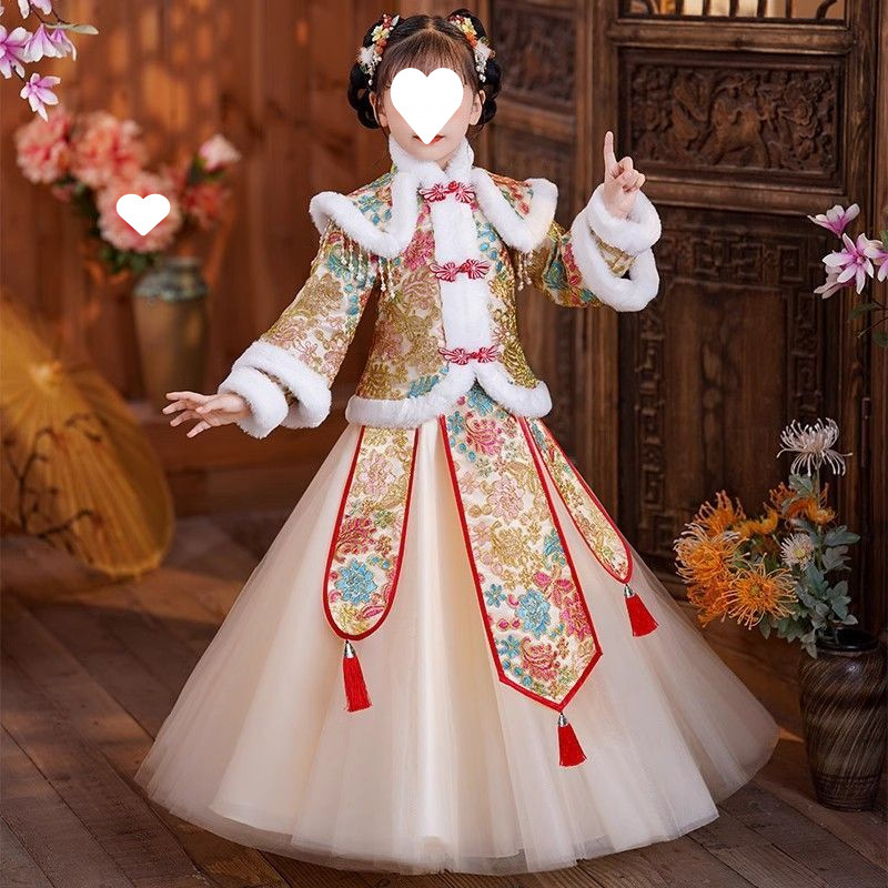 Winter children's Hanfu, fleece down jacket, increased thickness