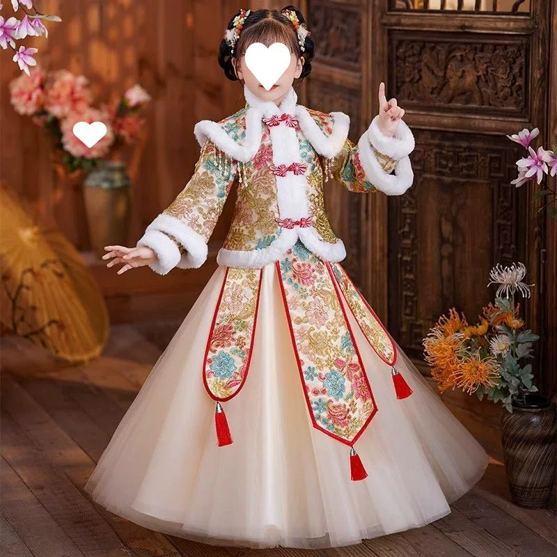 Зимний детский Ханьфу, флисовая пуховая куртка, увеличенная толщина