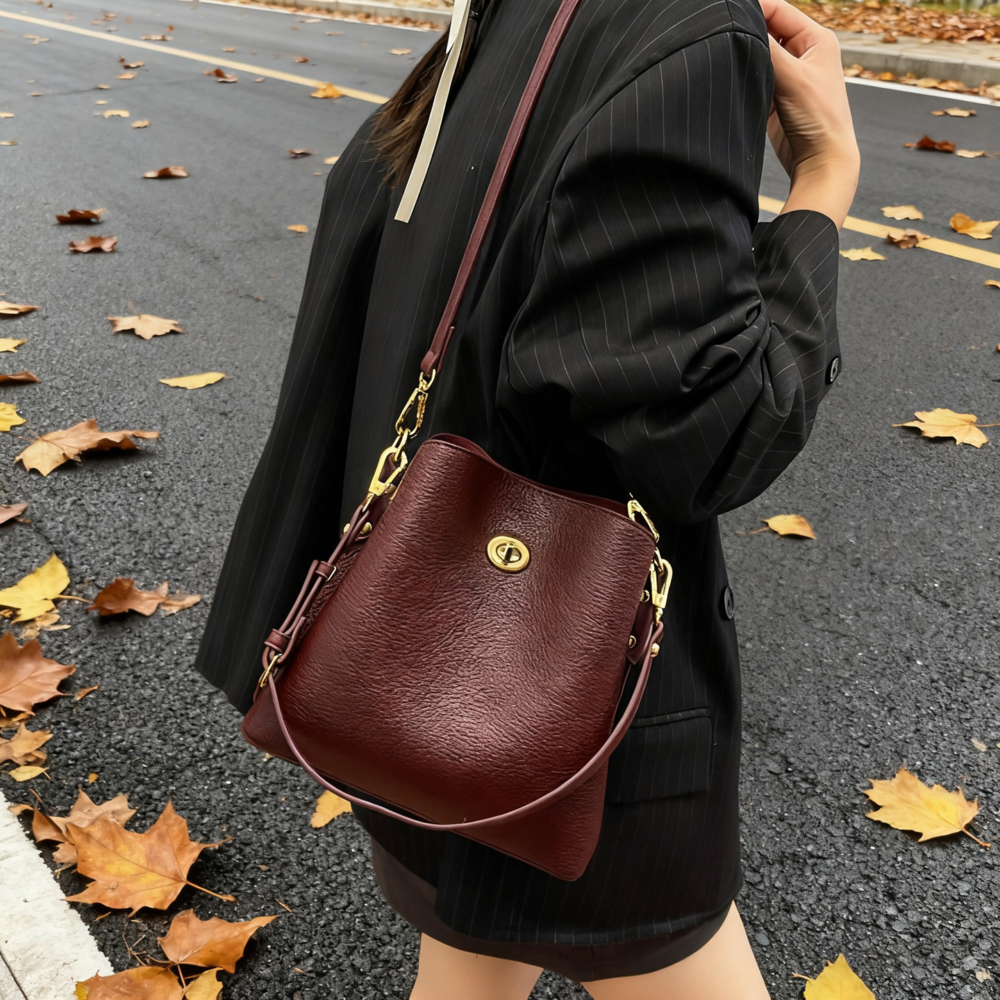 Bolso de mujer nuevo litchi cuero de vaca multicapa bolso de cubo de mano retro lujoso bolso de hombro bolso de viaje