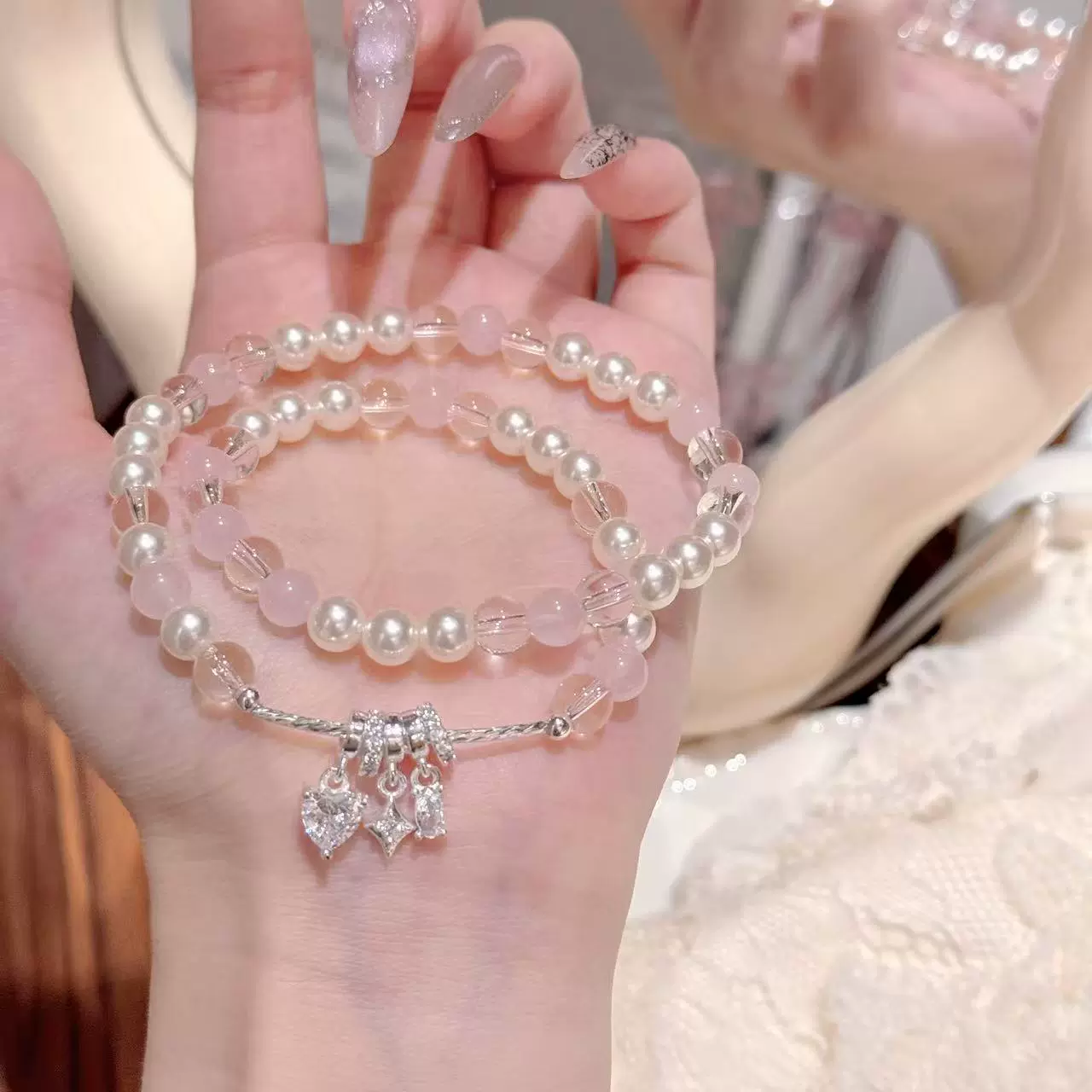 小红书热销叠戴双圈贝珠粉晶手链超仙小清新甜美轻奢高级感手链