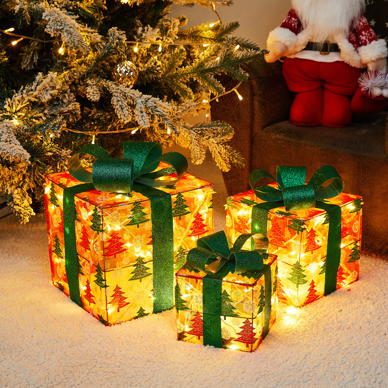 クリスマス鉄芸発光ギフトボックス三点セット積み上げ装飾品セットクリスマスツリーホテルシーン配置置物|undefined