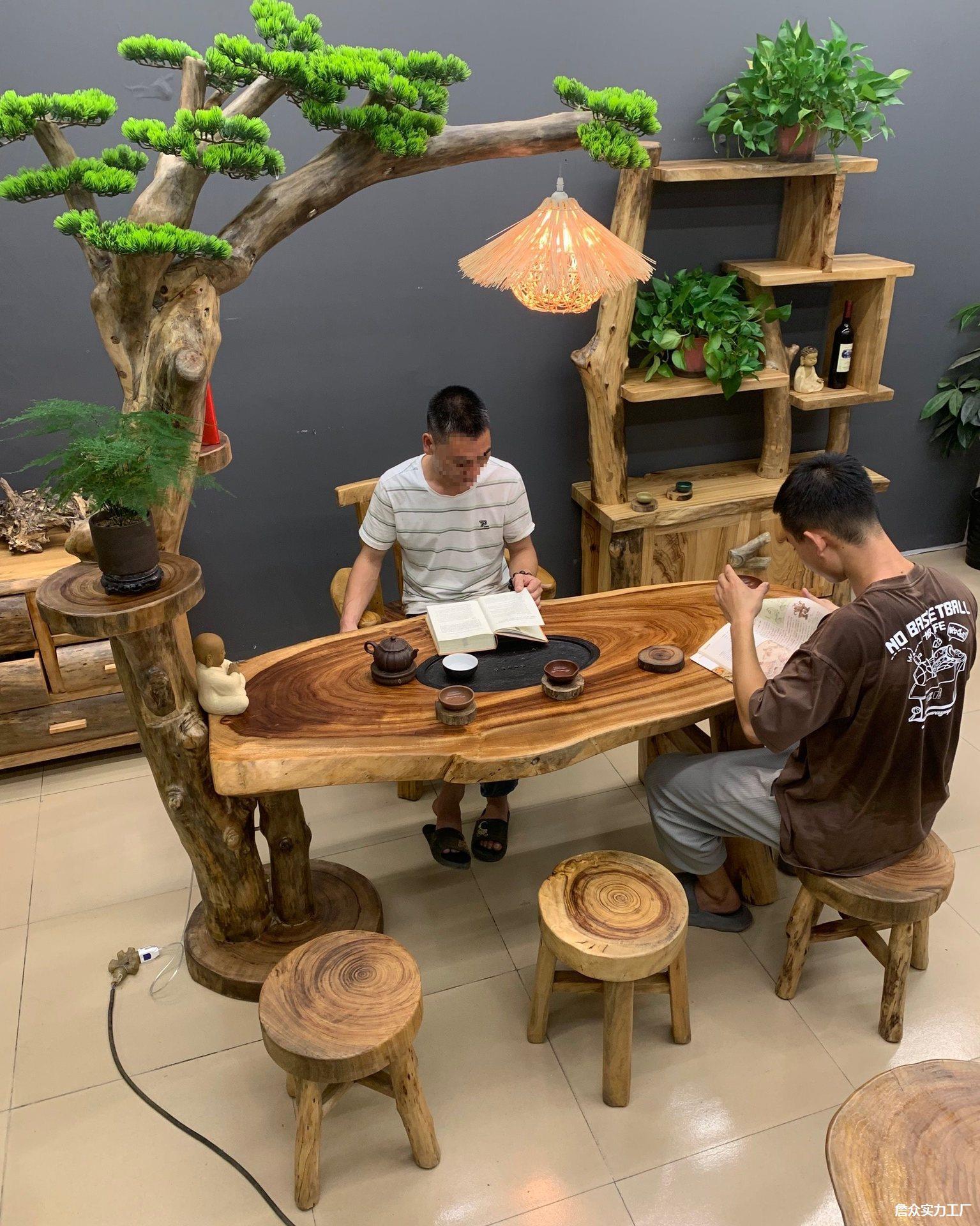 香樟木茶台原木根雕茶几原实木灯架茶桌家用实木大板桌组合椅